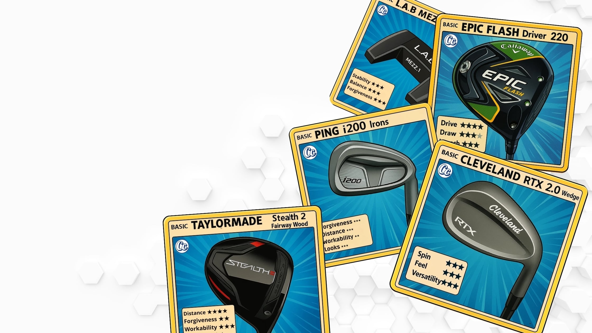 Golf club trading cards showcasing premium clubs